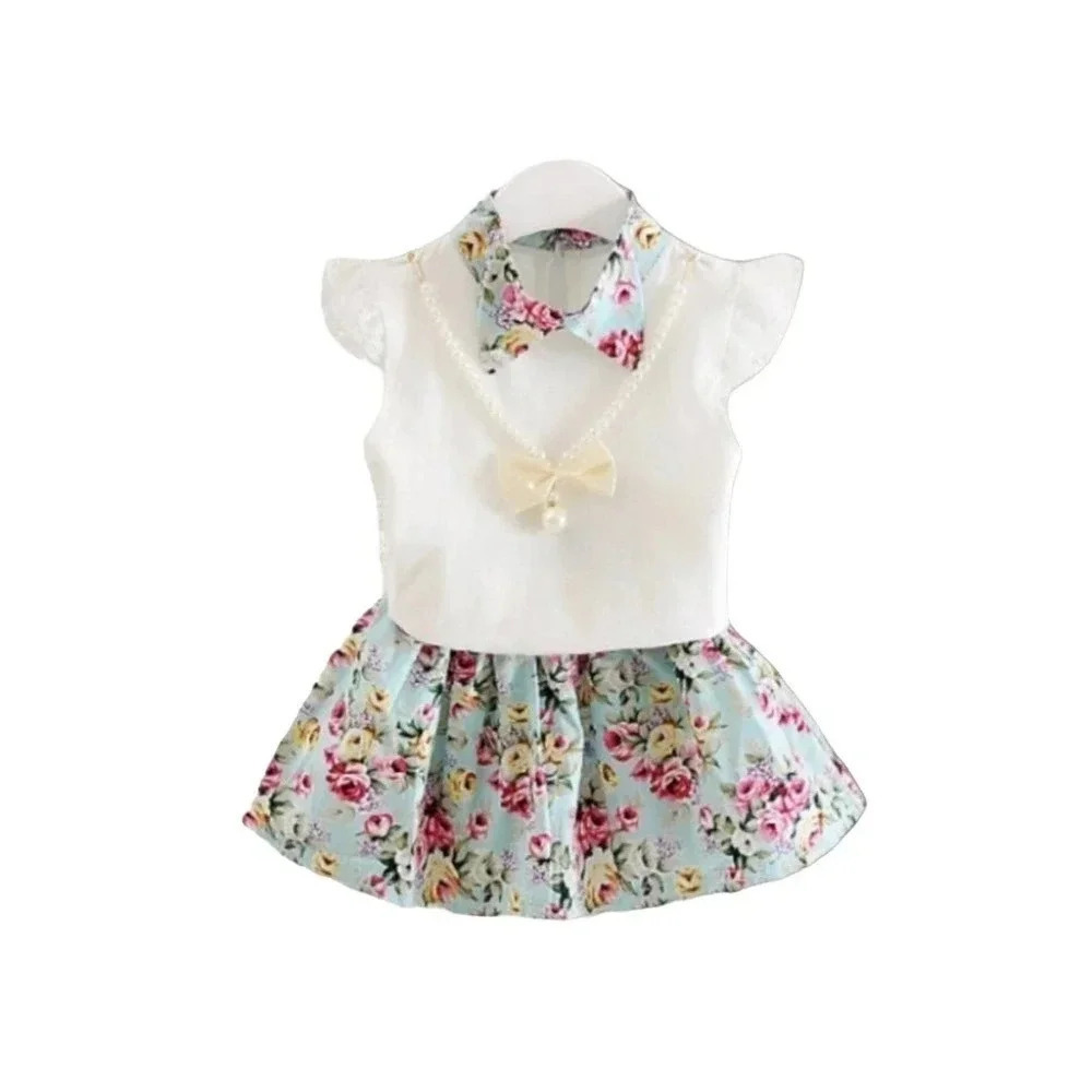 3T Blue Pearl 3 Piece Shirt, Skirt, Necklace Set Baby/Toddler Outfit